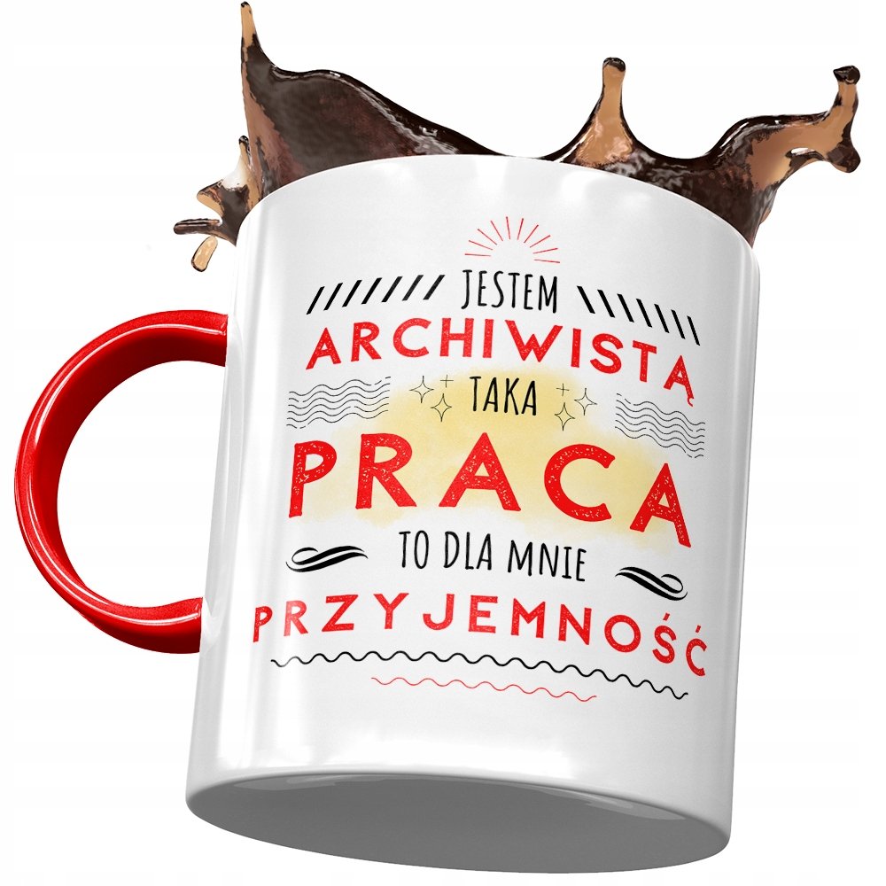 Kubek Czerwony Dla Archiwisty Praca To Przyjemność z Nadrukiem ze Zdjęciem + Opakowanie na prezent (wzór 02)
