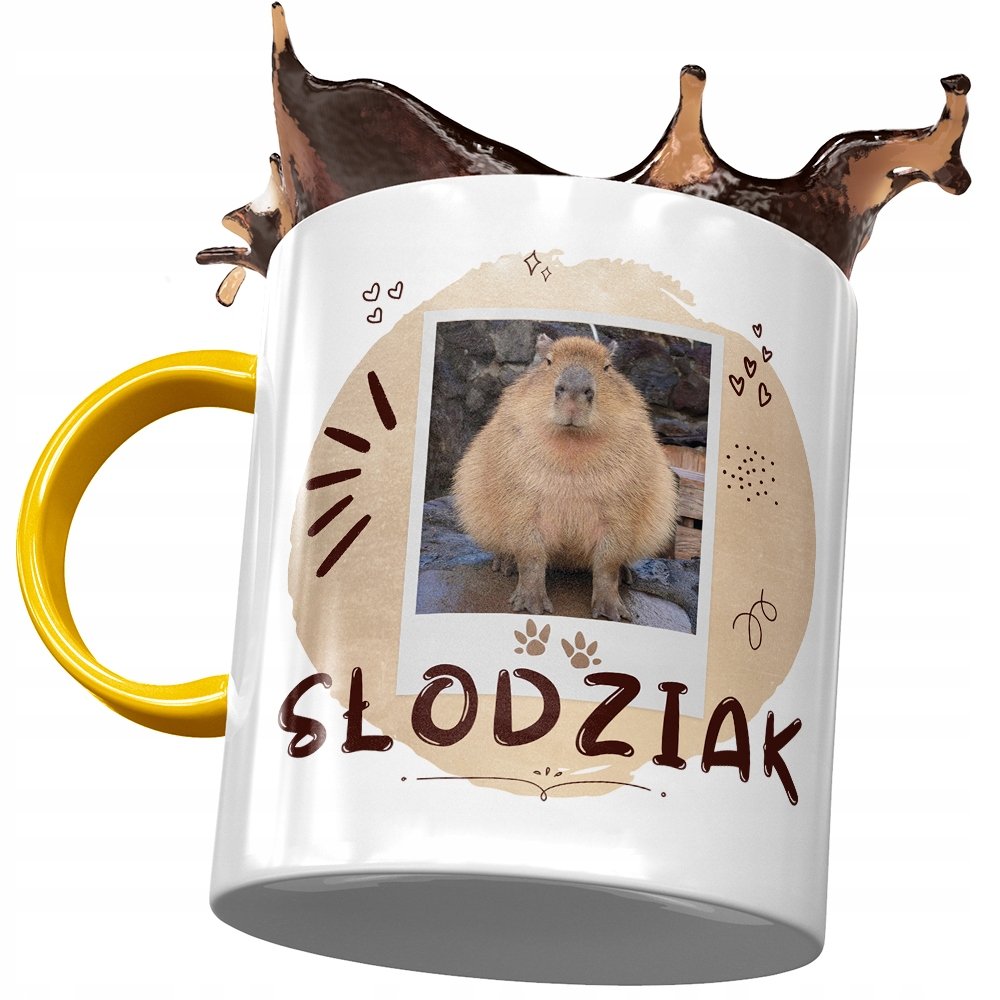Kubek Żółty Kapibara na Urodziny Imieniny Prezent z Nadrukiem ze Zdjęciem + Opakowanie na prezent (wzór 02)