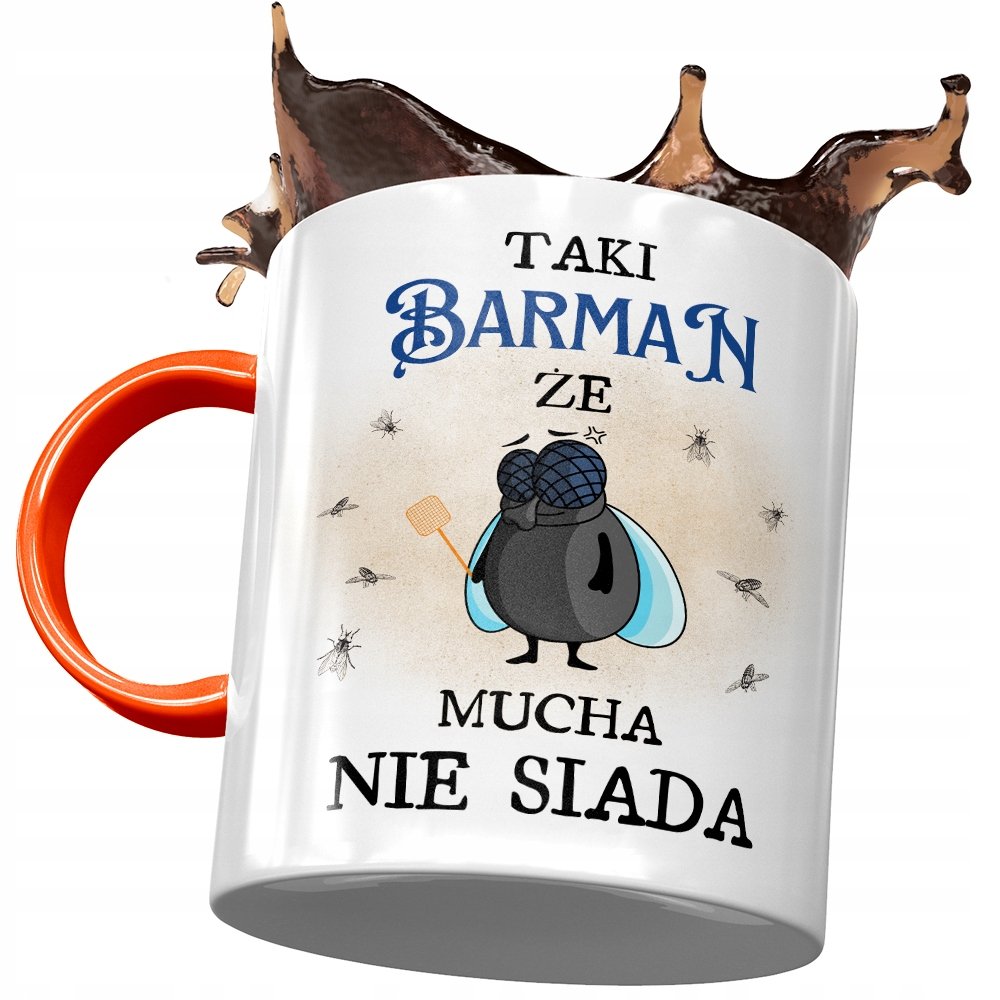 Kubek Pomarańczowy dla Barmana Mucha nie Siada z Nadrukiem ze Zdjęciem + Opakowanie na prezent (wzór 02)