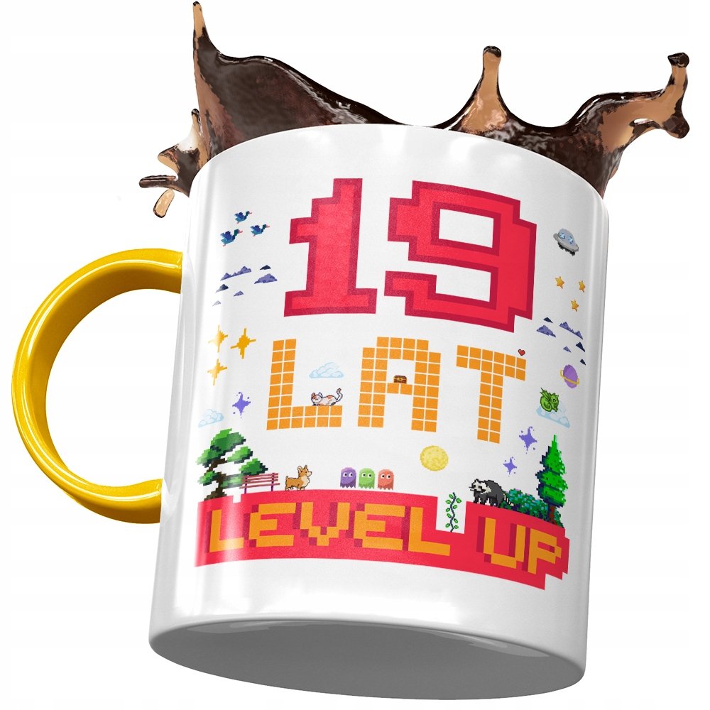 Kubek Żółty na Urodziny 19 19ste 19-ste na Prezent z Nadrukiem ze Zdjęciem + Opakowanie na prezent (wzór 03)