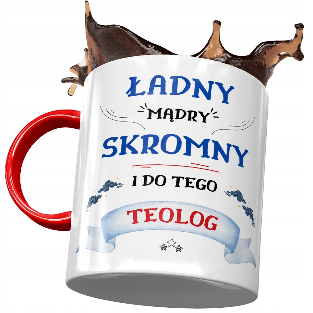 Kubek Czerwony Dla Teologa Ładny Mądry Skromny z Nadrukiem ze Zdjęciem + Opakowanie na prezent (wzór 03)