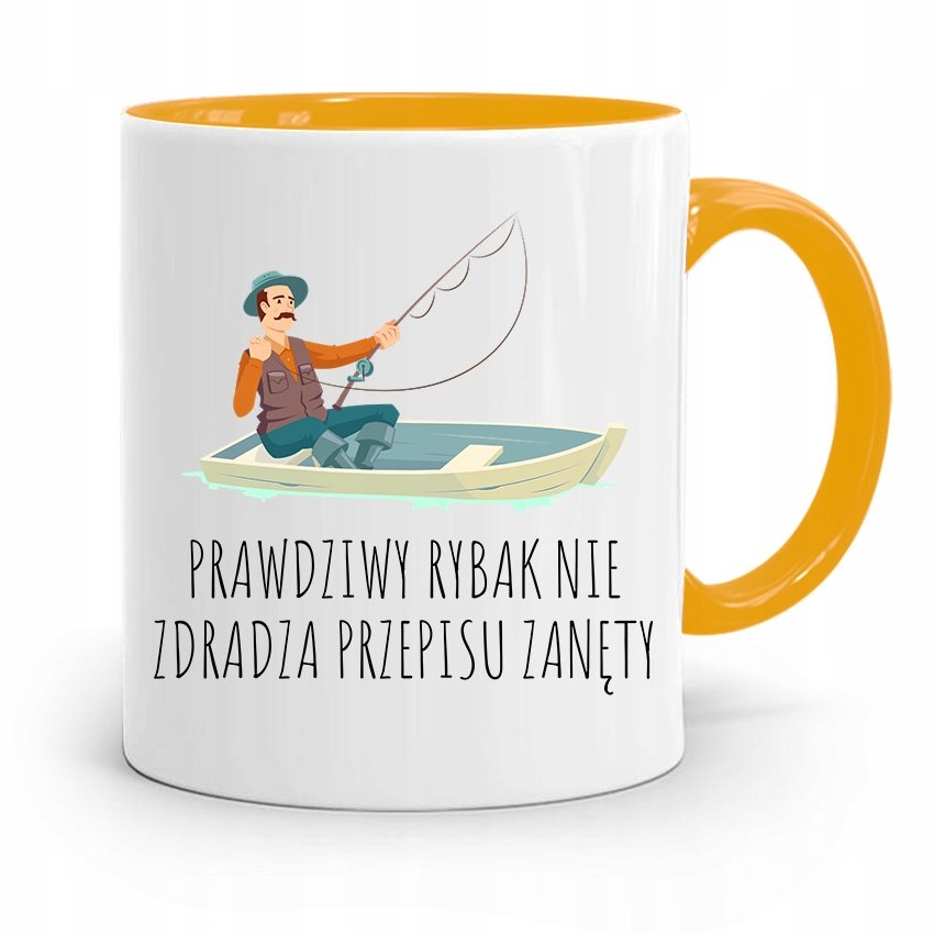 KUBEK ŻÓŁTY WĘDKARZA RYBAKA PRAWDZIWY RYBAK z Nadrukiem ze Zdjęciem + Opakowanie na prezent (wzór 03)