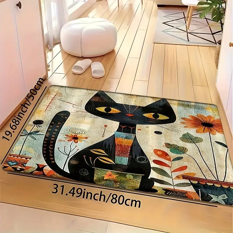 Dywanik łazienkowy czarny kot POP ART BOHO 50x80 cm kolorowy kwiaty donice