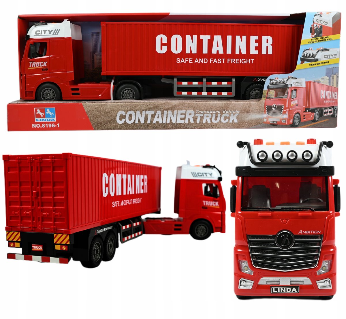 DUŻA CIĘŻARÓWKA SAMOCHÓD Z KONTENEREM TIR Z NACZEPĄ AUTO ŚWIATŁO DŹWIĘK