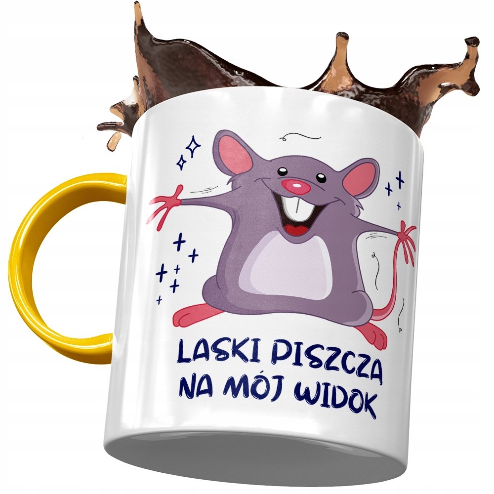 Kubek Żółty Śmieszny Laski Piszczą Na Mój Widok z Nadrukiem ze Zdjęciem + Opakowanie na prezent (wzór 04)