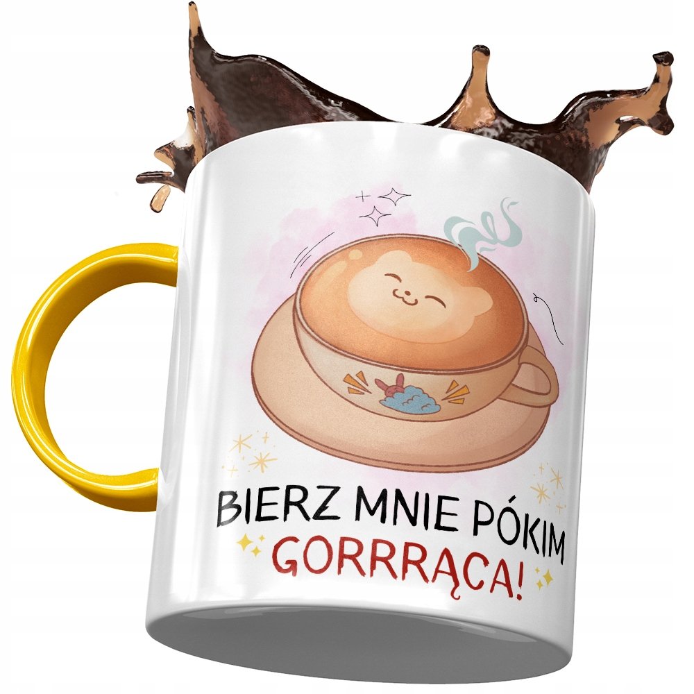Kubek Żółty Śmieszny Bierz Mnie Pókim Gorrrąca z Nadrukiem ze Zdjęciem + Opakowanie na prezent (wzór 03)