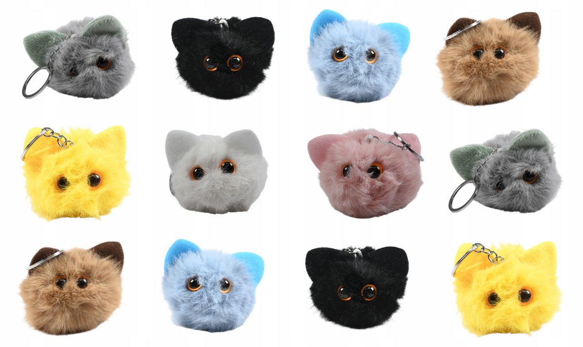 KOTEK POMPON BRELOK DO KLUCZY PLUSZOWA ZAWIESZKA PREZENT ZESTAW 12SZT