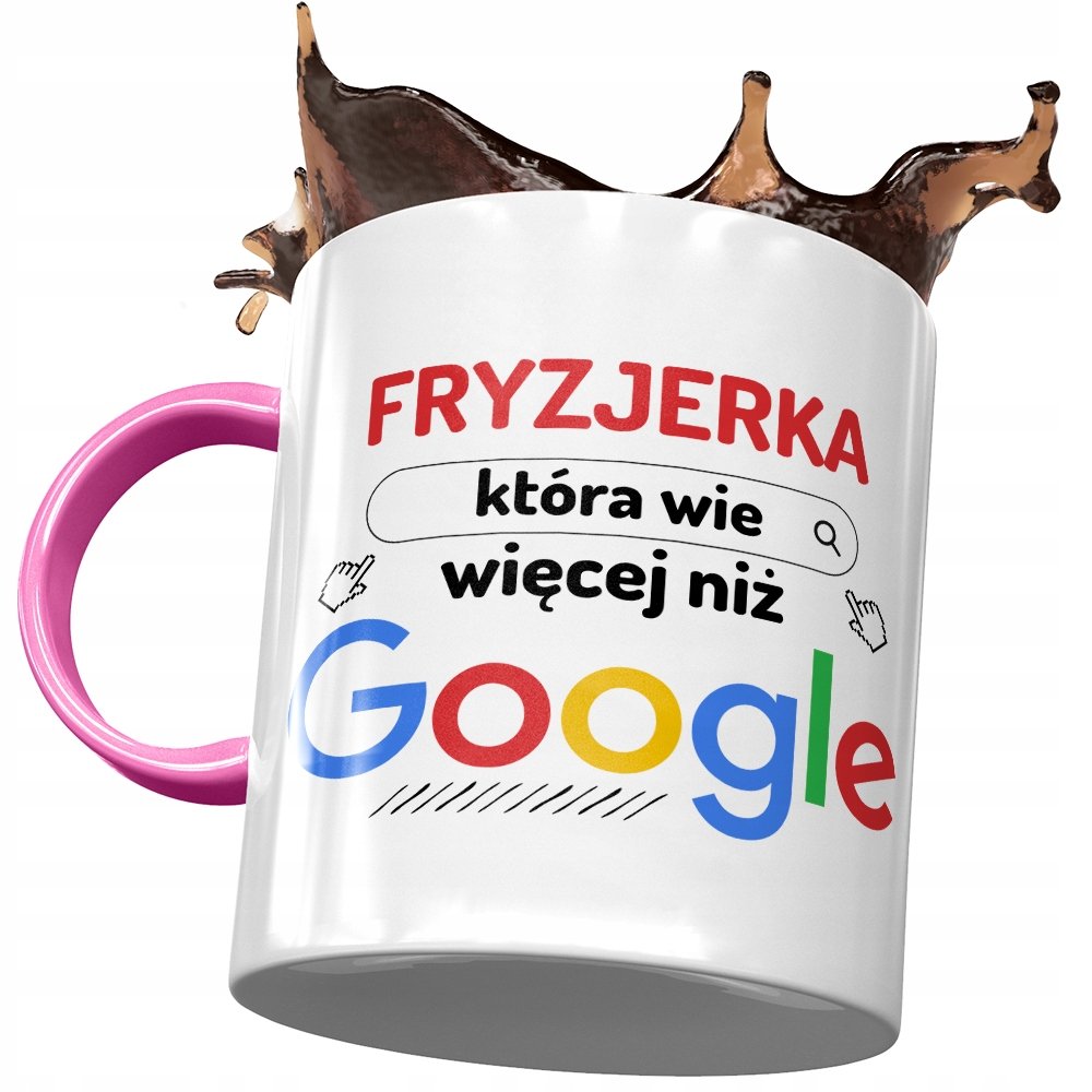 Kubek Różowy Dla Fryzjerki Wie Więcej niż Google z Nadrukiem ze Zdjęciem+ Opakowanie na prezent (wzór 01)
