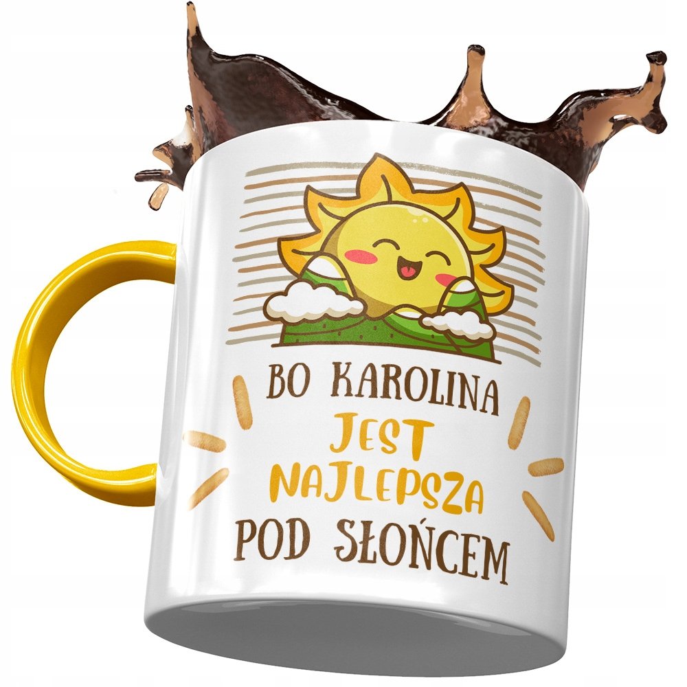 Kubek Żółty Dla Karoliny Koleżanki Na Prezent z Nadrukiem ze Zdjęciem + Opakowanie na prezent (wzór 03)