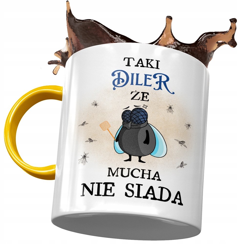 Kubek Żółty Dla Dilera Diler że Mucha nie Siada z Nadrukiem ze Zdjęciem + Opakowanie na prezent (wzór 04)