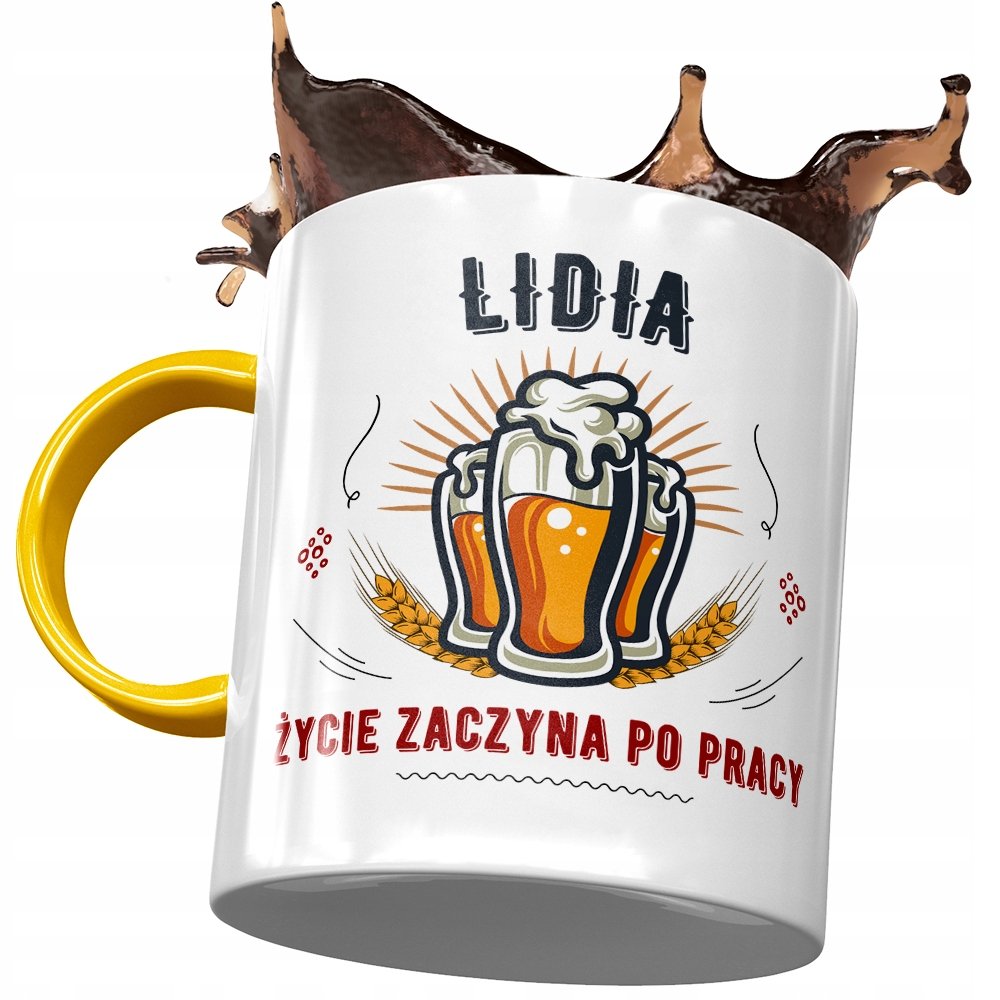 Kubek Żółty Dla Lidii Żony Koleżanki na Prezent z Nadrukiem ze Zdjęciem+ Opakowanie na prezent (wzór 01)