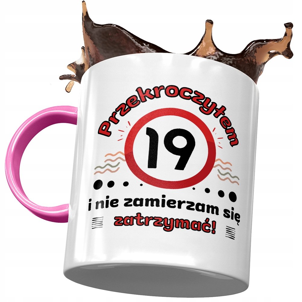 Kubek Różowy na Urodziny 19 19ste 19-ste Prezent z Nadrukiem ze Zdjęciem + Opakowanie na prezent (wzór 02)