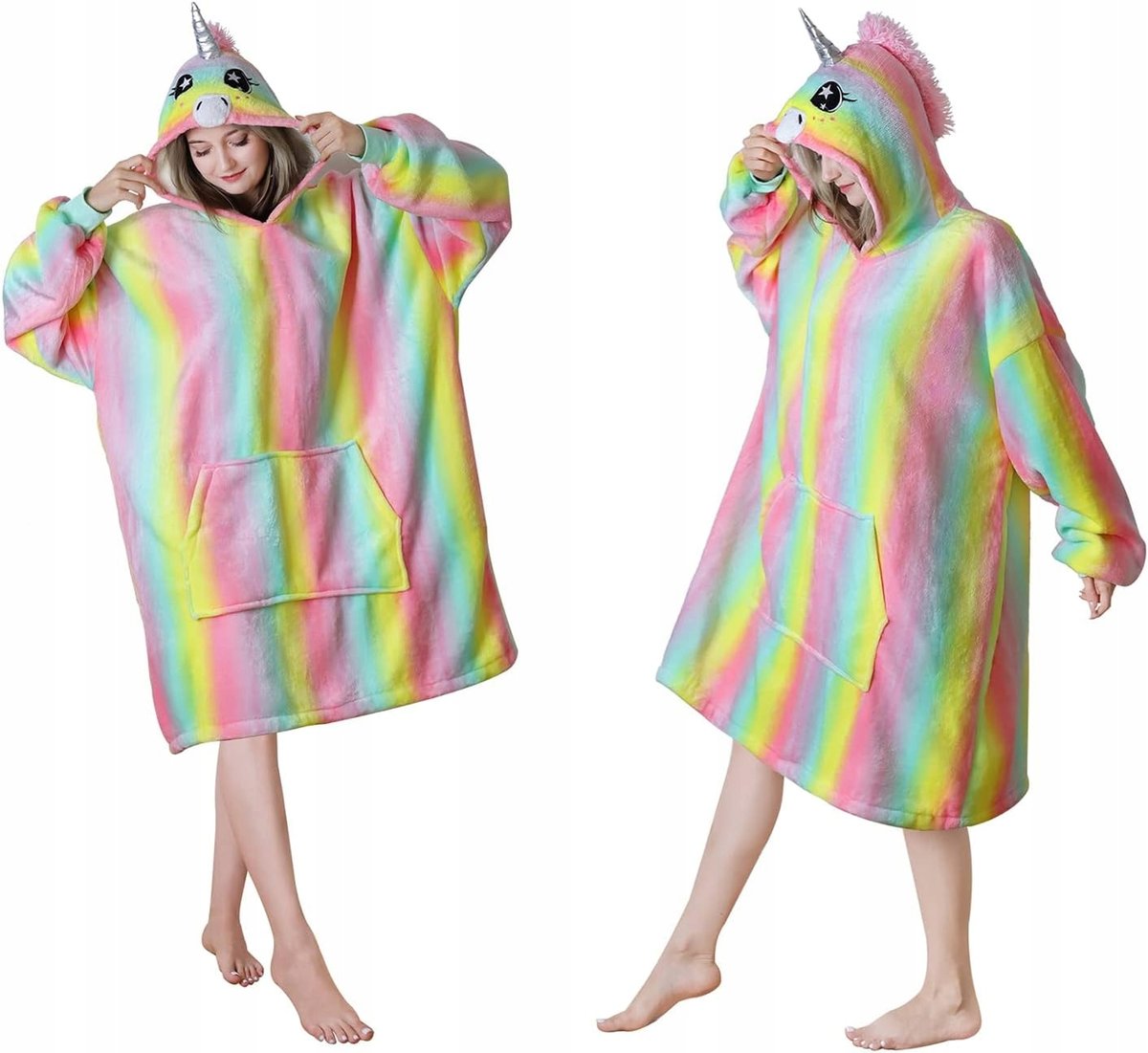 BLUZA KOC KOCOBLUZA Z KAPTUREM JEDNOROŻEC FLANELA POLAR TĘCZOWY CIEPŁA