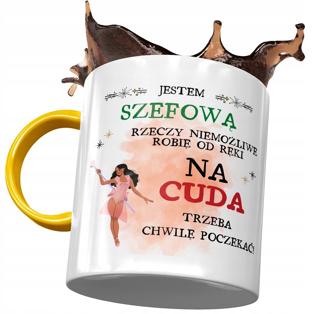Kubek Żółty Dla Szefowej Trzeba Chwilę Poczekać z Nadrukiem ze Zdjęciem + Opakowanie na prezent (wzór 04)