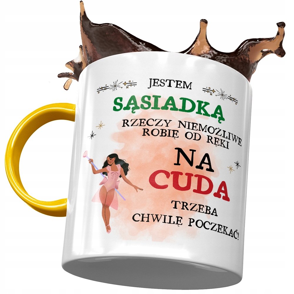 Kubek Żółty Dla Sąsiadki na Cuda Trzeba Poczekać z Nadrukiem ze Zdjęciem + Opakowanie na prezent (wzór 02)