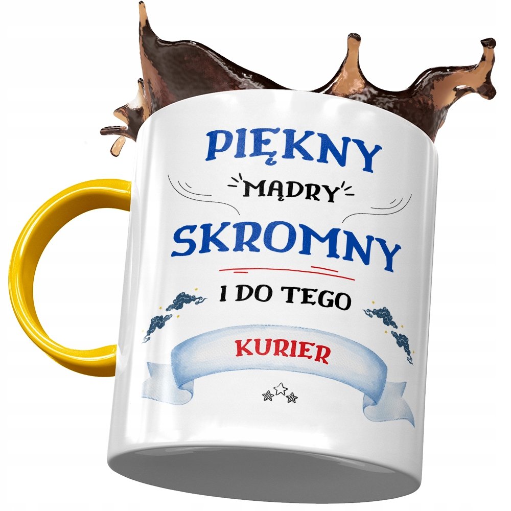 Kubek Żółty Dla Kuriera Piękny Mądry Skromny z Nadrukiem ze Zdjęciem + Opakowanie na prezent (wzór 03)