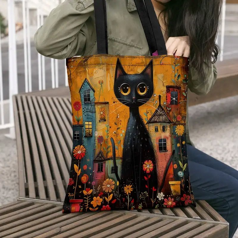 Torba na zakupy shopperka tote czarny kot domki doniczki kwiaty rośliny