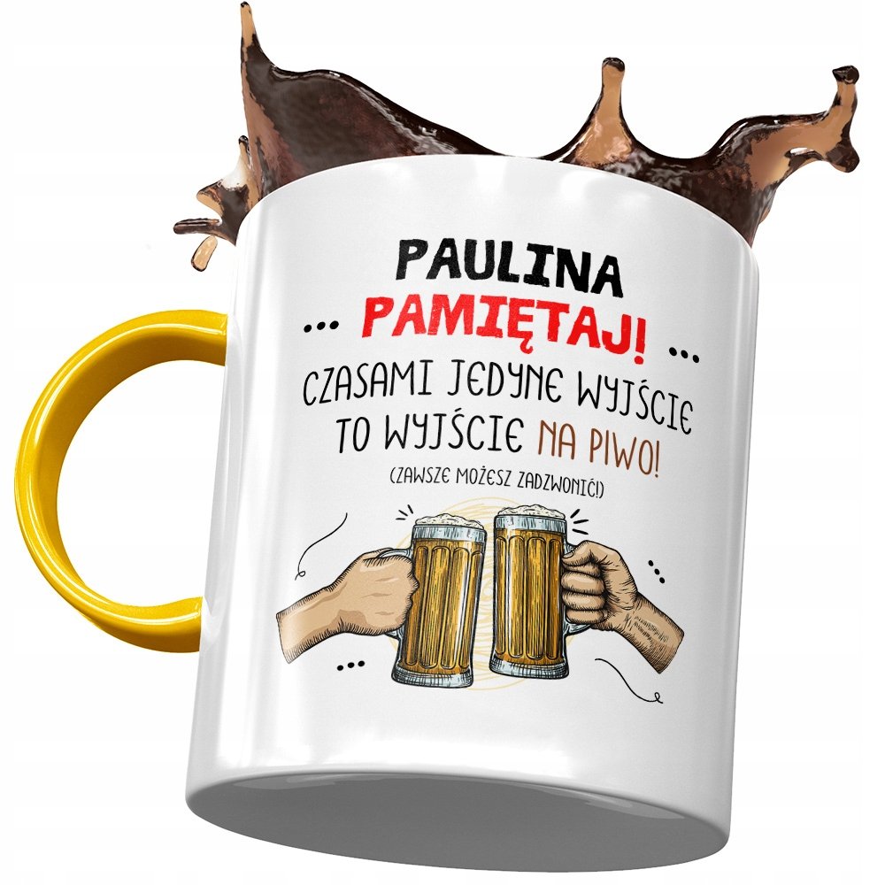 Kubek Żółty Dla Pauliny Żony Koleżanki Prezent z Nadrukiem ze Zdjęciem+ Opakowanie na prezent (wzór 01)