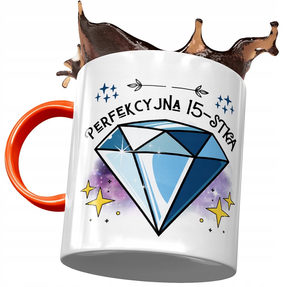 Kubek Pomarańczowy na Urodziny 15 15ste 15-ste z Nadrukiem ze Zdjęciem + Opakowanie na prezent (wzór 02)