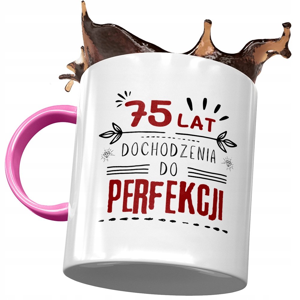 Kubek Różowy na Urodziny 75 75te 75-te Prezent z Nadrukiem ze Zdjęciem + Opakowanie na prezent (wzór 02)