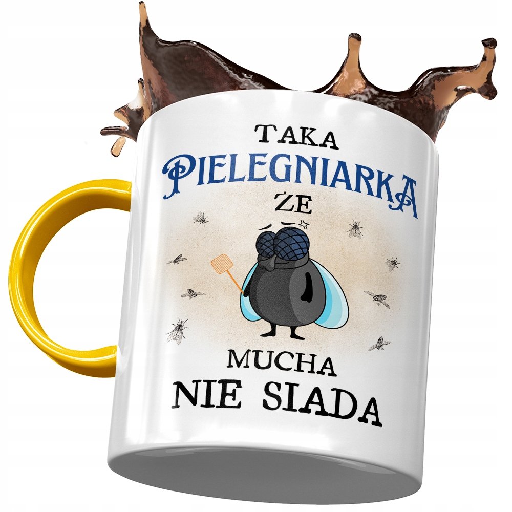 Kubek Żółty Dla Pielęgniarki Że Mucha Nie Siada z Nadrukiem ze Zdjęciem + Opakowanie na prezent (wzór 04)