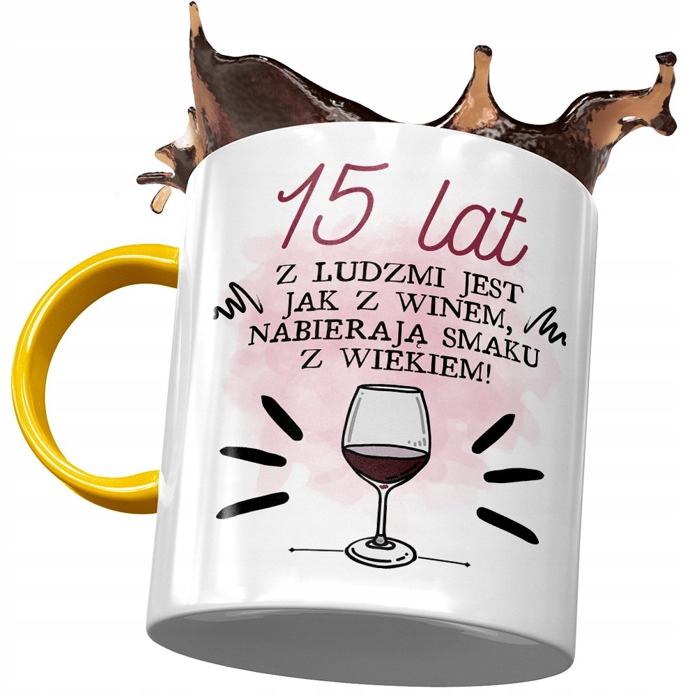 Kubek Żółty na Urodziny 15 15ste 15-ste na Prezent z Nadrukiem ze Zdjęciem + Opakowanie na prezent (wzór 03)