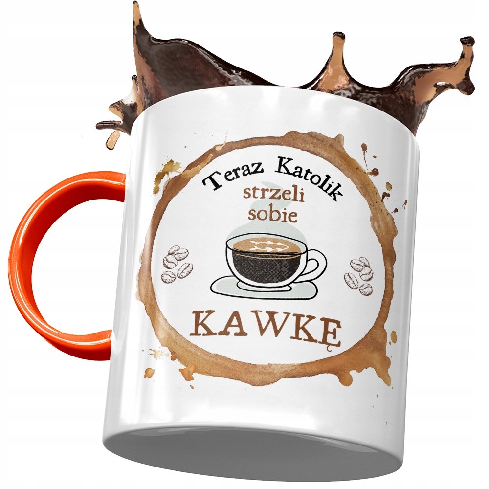 Kubek Pomarańczowy dla Katolika Strzeli Kawkę z Nadrukiem ze Zdjęciem+ Opakowanie na prezent (wzór 01)