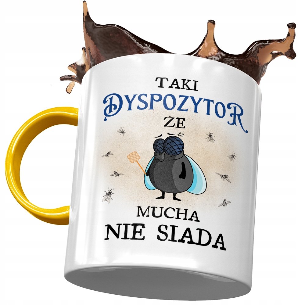 Kubek Żółty Dla Dyspozytora Że Mucha Nie Siada z Nadrukiem ze Zdjęciem + Opakowanie na prezent (wzór 02)