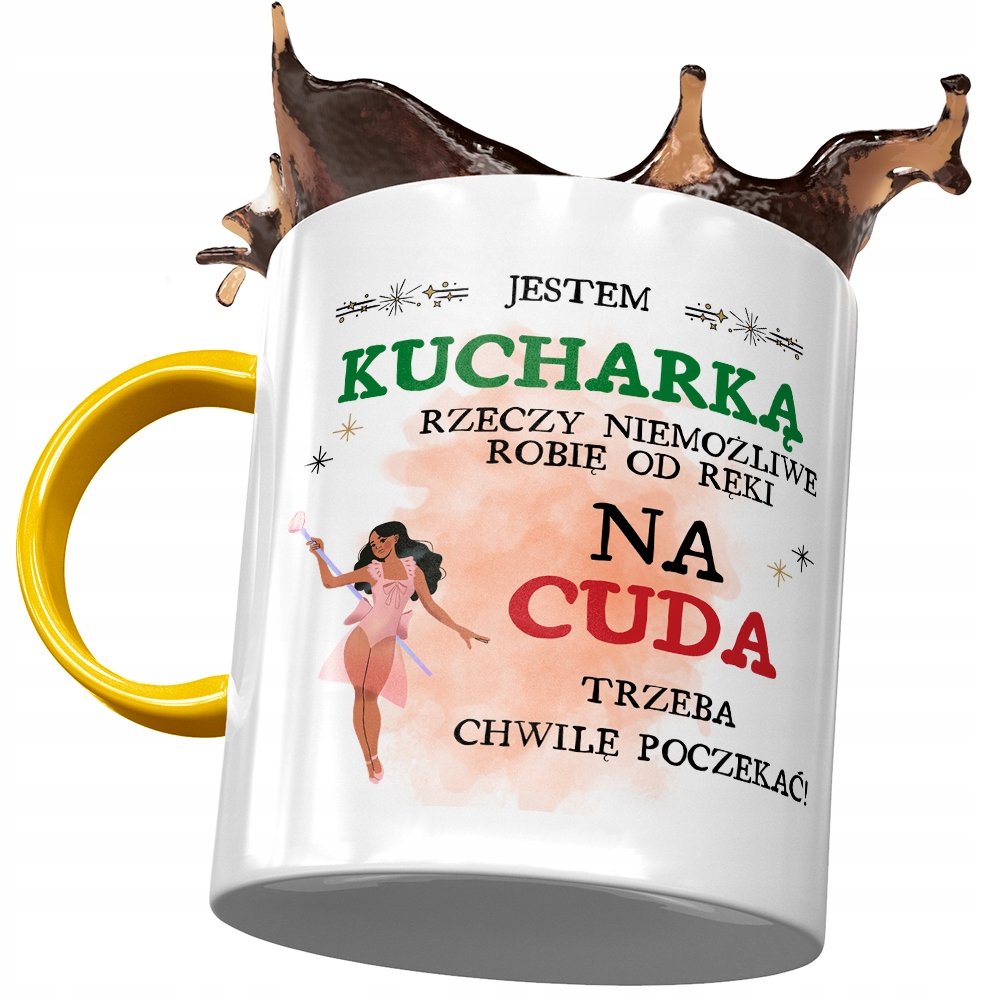 Kubek Żółty Dla Kucharki Trzeba Chwilę Poczekać z Nadrukiem ze Zdjęciem+ Opakowanie na prezent (wzór 01)