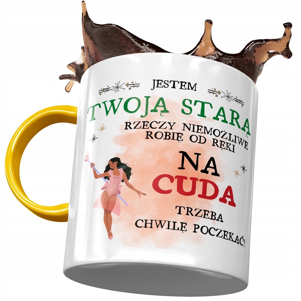 Kubek Żółty Dla Twojej Starej Trzeba Poczekać z Nadrukiem ze Zdjęciem + Opakowanie na prezent (wzór 02)