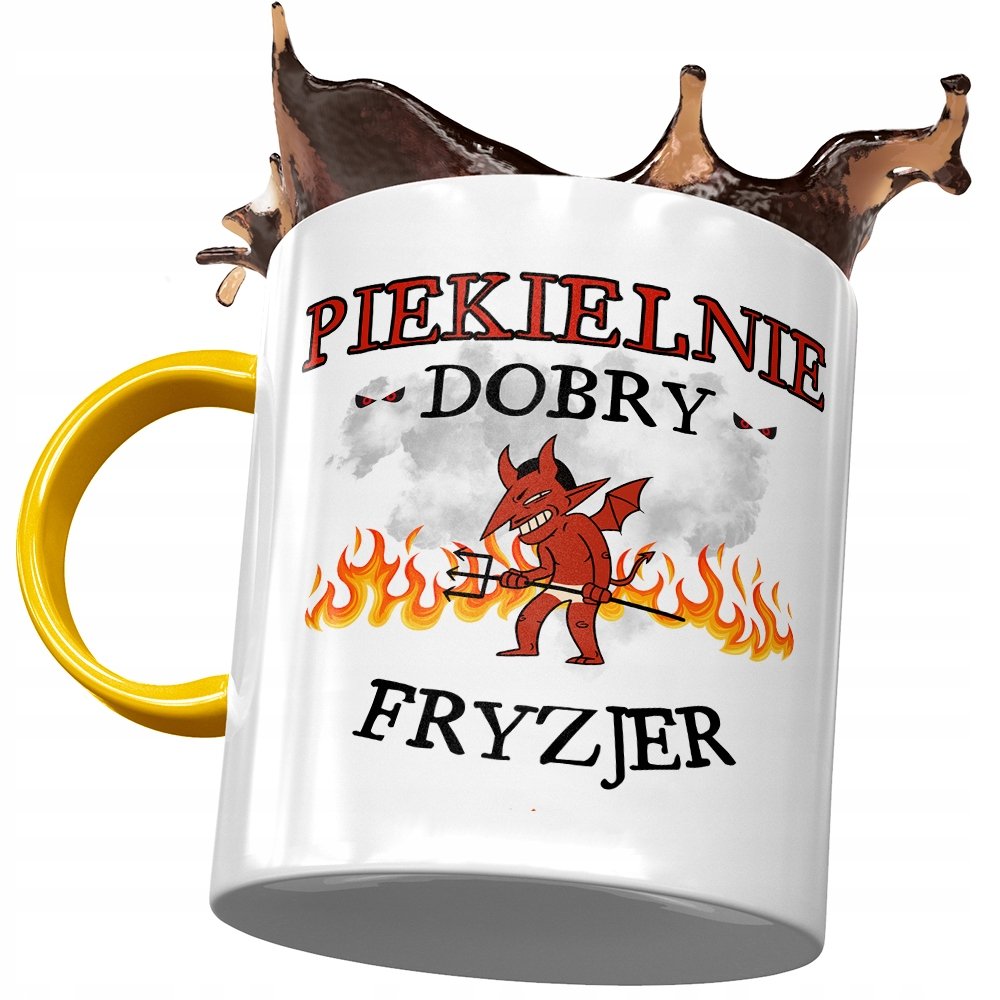 Kubek Żółty Dla Fryzjera Piekielnie Dobry Fryzjer z Nadrukiem ze Zdjęciem + Opakowanie na prezent (wzór 02)