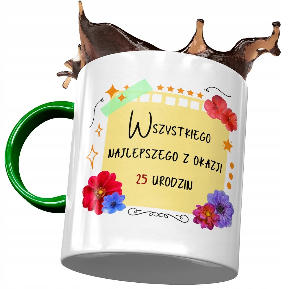 Kubek Zielony na Urodziny 25 25te 25-te na Prezent z Nadrukiem ze Zdjęciem + Opakowanie na prezent (wzór 02)