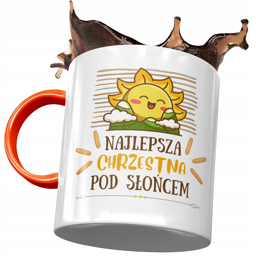 Kubek Pomarańczowy Dla Chrzestnej na Urodziny z Nadrukiem ze Zdjęciem + Opakowanie na prezent (wzór 02)