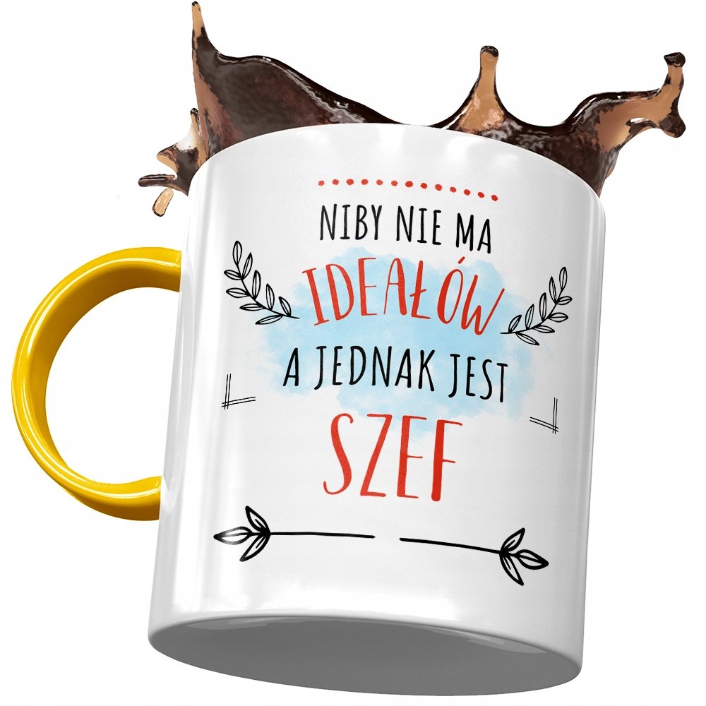 Kubek Żółty Dla Szefa Niby Nie Ma Ideałów Kubek z Nadrukiem ze Zdjęciem + Opakowanie na prezent (wzór 02)