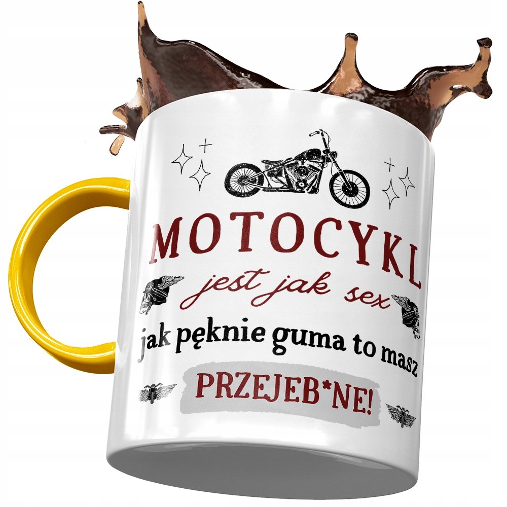 Kubek Żółty Śmieszny Motocykl Jest Jak Seks z Nadrukiem ze Zdjęciem + Opakowanie na prezent (wzór 02)
