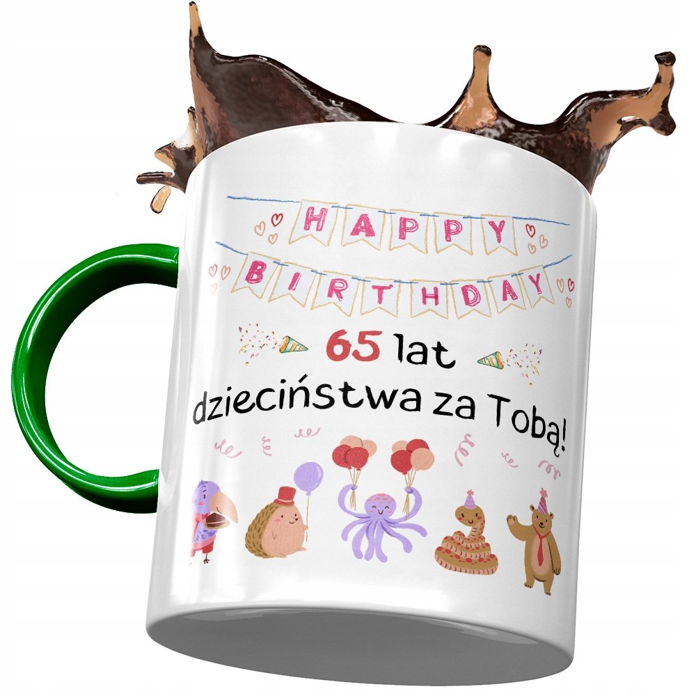 Kubek Zielony na Urodziny 65 65te 65-te na Prezent z Nadrukiem ze Zdjęciem + Opakowanie na prezent (wzór 02)