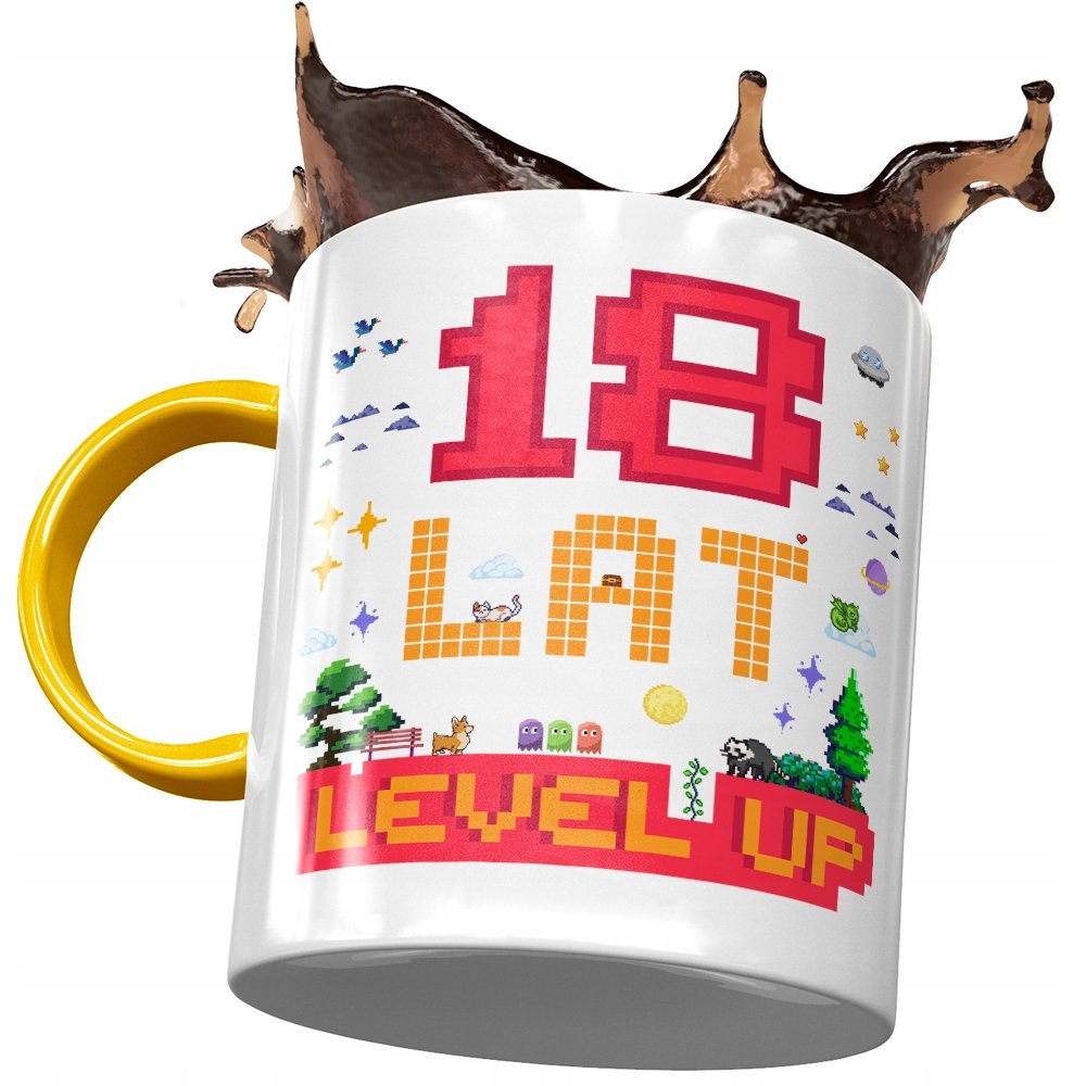 Kubek Żółty na Urodziny 18 18ste 18-ste na Prezent z Nadrukiem ze Zdjęciem + Opakowanie na prezent (wzór 04)