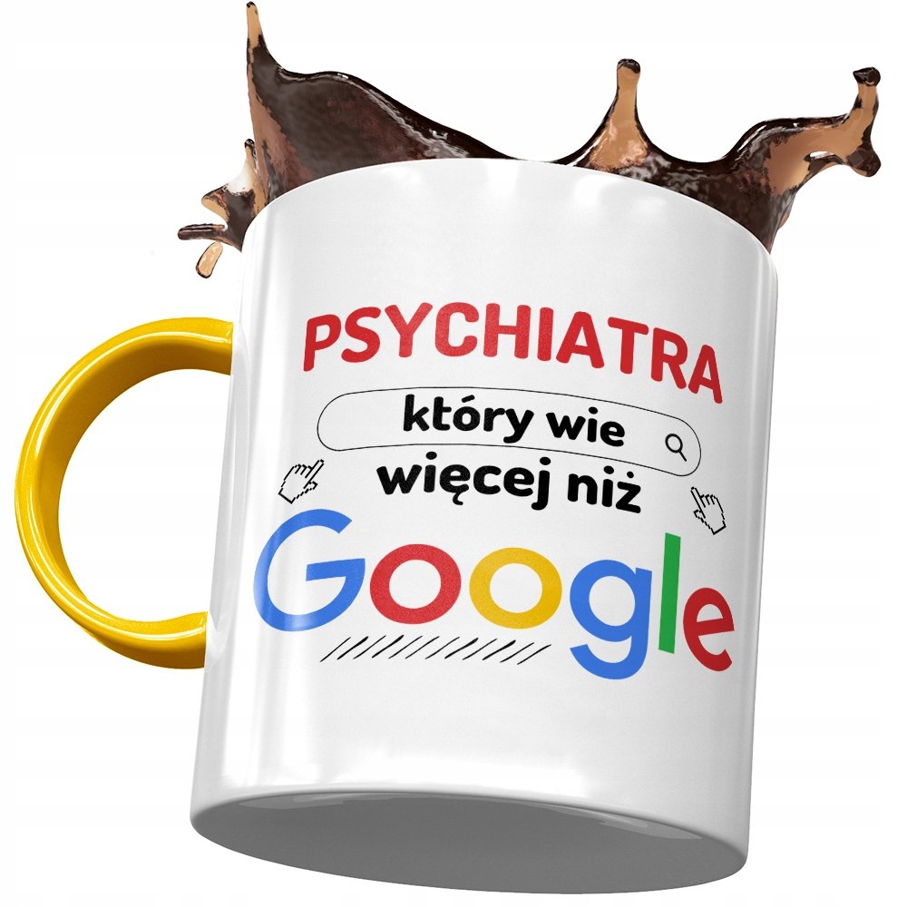 Kubek Żółty Dla Psychiatry Wie Więcej Niż Google z Nadrukiem ze Zdjęciem+ Opakowanie na prezent (wzór 01)