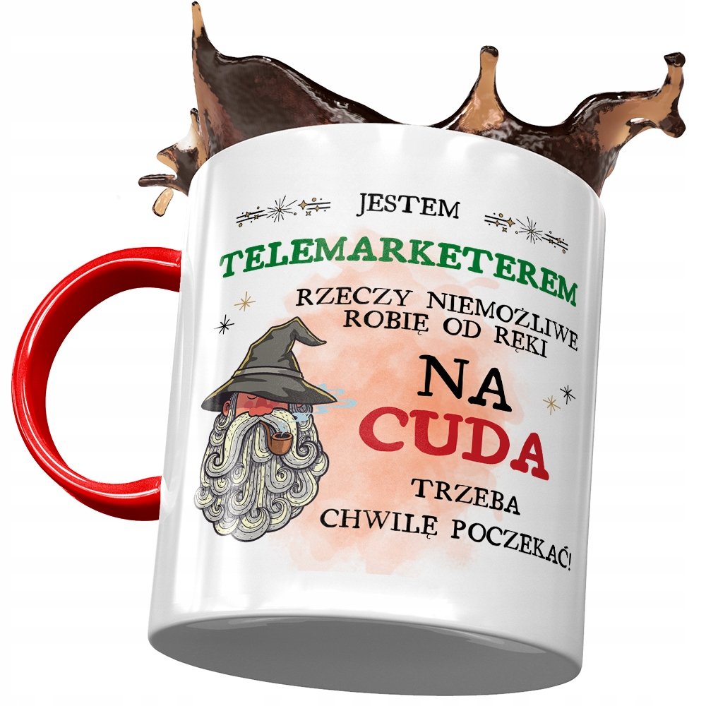 Kubek Czerwony Dla Telemarketera Trzeba Poczekać z Nadrukiem ze Zdjęciem+ Opakowanie na prezent (wzór 01)