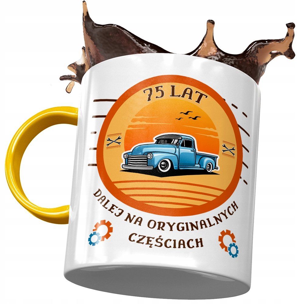 Kubek Żółty na Urodziny 75 75te 75-te na Prezent z Nadrukiem ze Zdjęciem + Opakowanie na prezent (wzór 02)