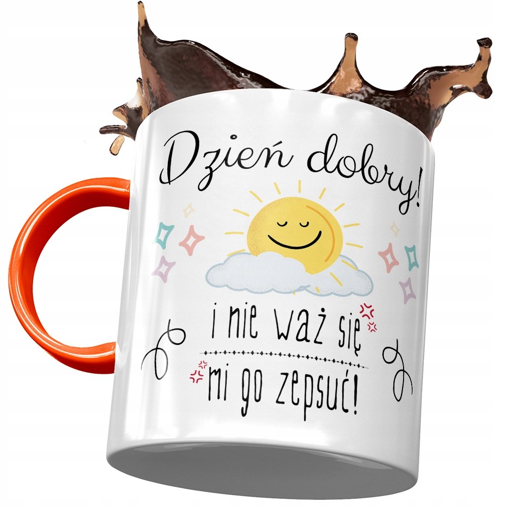 Kubek Pomarańczowy Śmieszny Dzień Dobry z Nadrukiem ze Zdjęciem + Opakowanie na prezent (wzór 02)