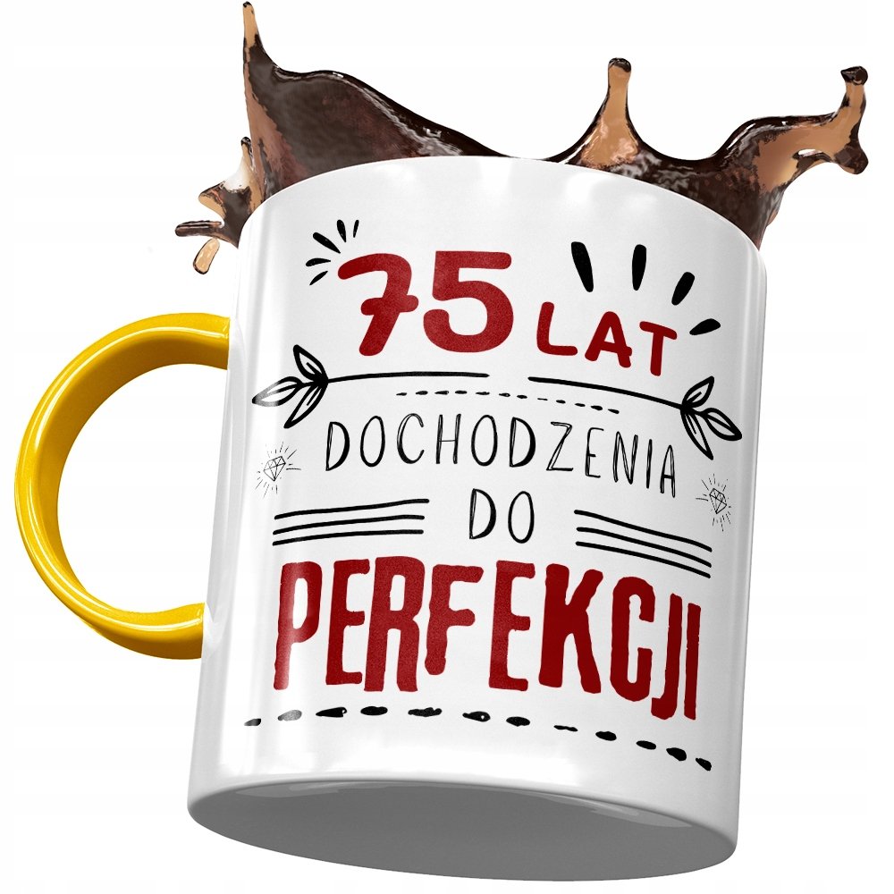 Kubek Żółty na Urodziny 75 75te 75-te na Prezent z Nadrukiem ze Zdjęciem + Opakowanie na prezent (wzór 02)