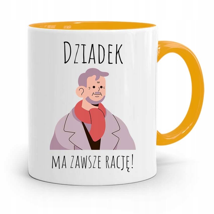 KUBEK ŻÓŁTY DLA DZIADKA DZIADEK MA ZAWSZE RACJĘ z Nadrukiem ze Zdjęciem + Opakowanie na prezent (wzór 02)