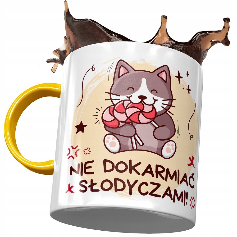 Kubek Żółty Śmieszny Nie Dokarmiać Słodyczami z Nadrukiem ze Zdjęciem + Opakowanie na prezent (wzór 04)