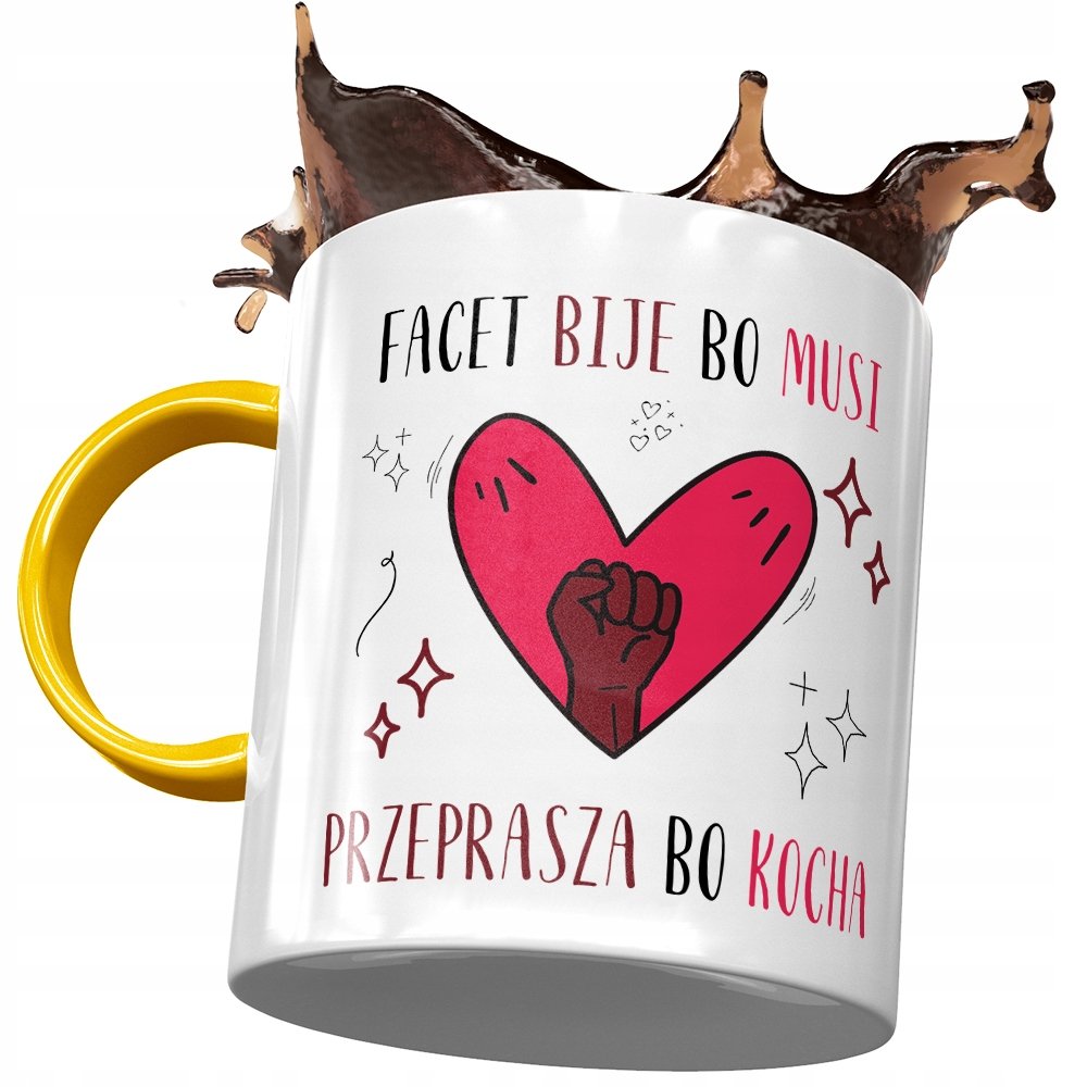 Kubek Żółty Śmieszny Facet Bije Bo Musi Prezent z Nadrukiem ze Zdjęciem+ Opakowanie na prezent (wzór 01)