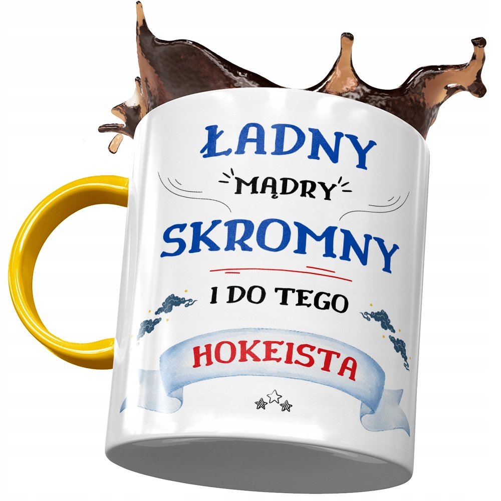 Kubek Żółty Dla Hokeisty Ładny Mądry Skromny z Nadrukiem ze Zdjęciem+ Opakowanie na prezent (wzór 01)