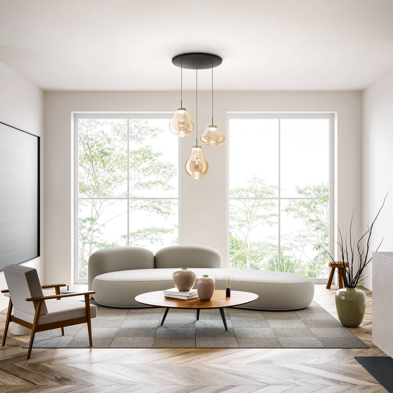 Fabas Luce Lampa wisząca szklana Deva, możliwość ściemniania, kremowy / amber, salon / jadalnia, szkło, nowoczesny