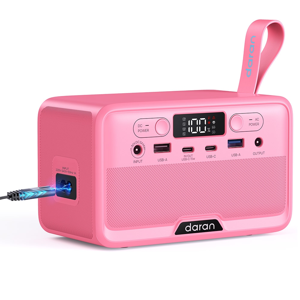 Przenośna stacja zasilania DaranEner YOUYO R100 100W, 4 porty USB, 1 port DC i 2 porty AC, bateria LiFePO4 89,6Wh - Różowy
