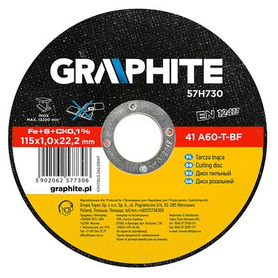 GRAPHITE Tarcza tnąca do metalu 115 x 1,0 x 22,2 mm, 41 A60-T-BF, INOX