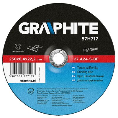 GRAPHITE Tarcza szlifierska do metalu 230 x 6,4 x 22,2 mm, 27 A24-S-BF